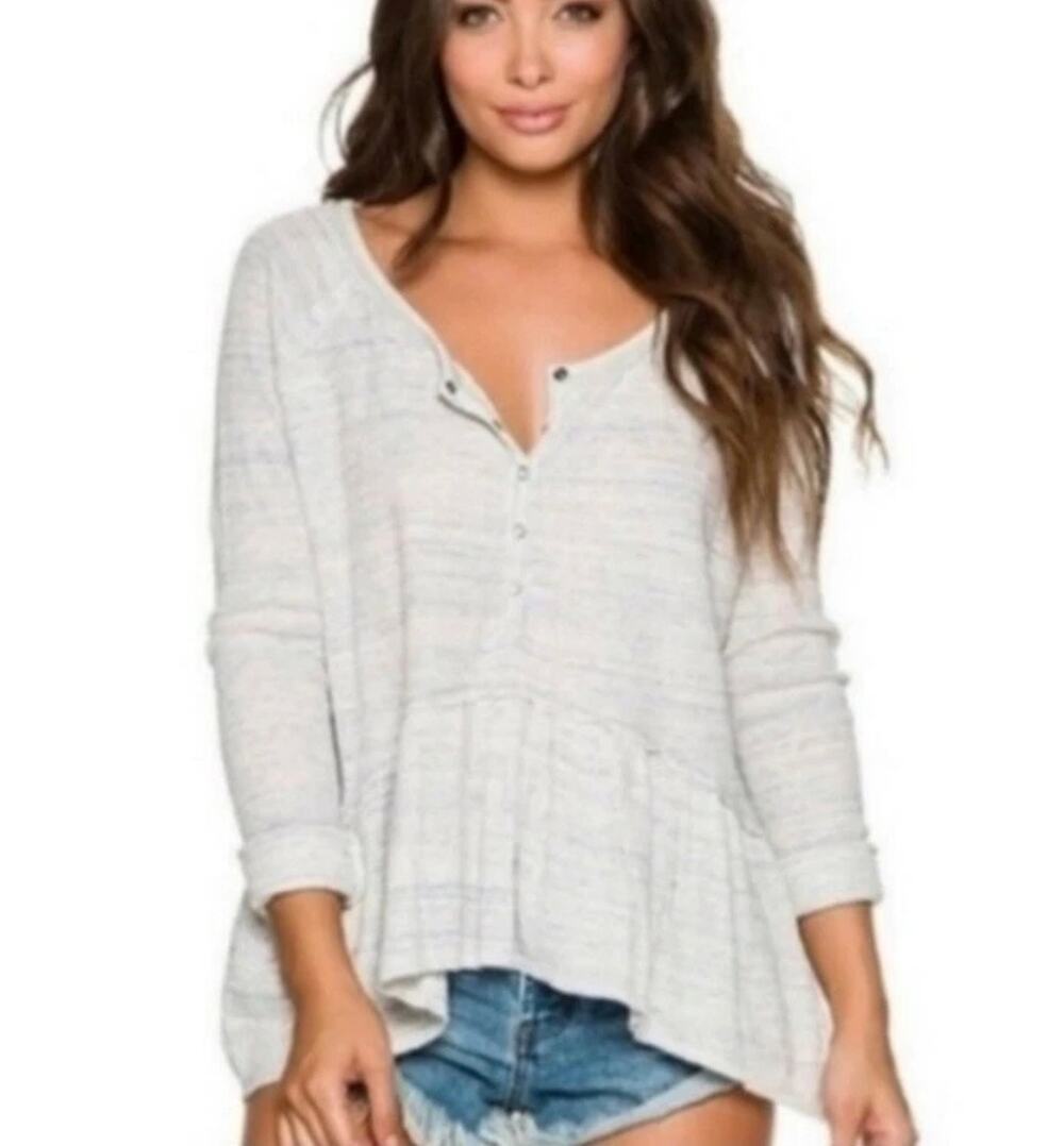 Free People Coastline Waffle Thermal Knit Henley Shirt Top Peplum Blue Cream Med